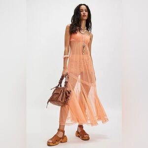 NWOT Intimately Free People Madeline
Mesh Maxi Slip Dress Lace Sheer
Peach